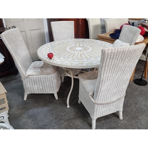 704 - Star Lot : A  super garden suite comprising of a round table with a mosaic top and a set of 4 white ... 