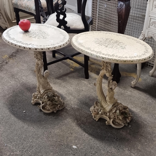 742 - Two interesting side tables with foliate border to table top, held on an elaborately formed base wit... 