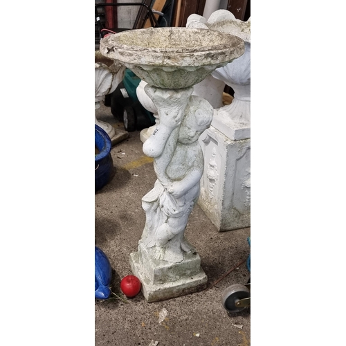 755 - Star Lot : An exquisite large reconstituted stone garden bird bath with a base in the form of a cupi... 