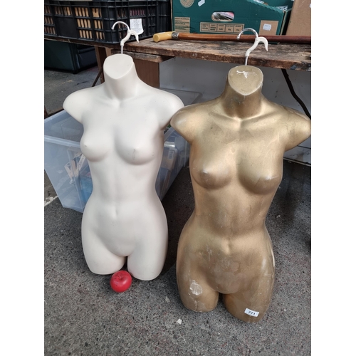 771 - Two commercial display mannequin female torsos with hooks.