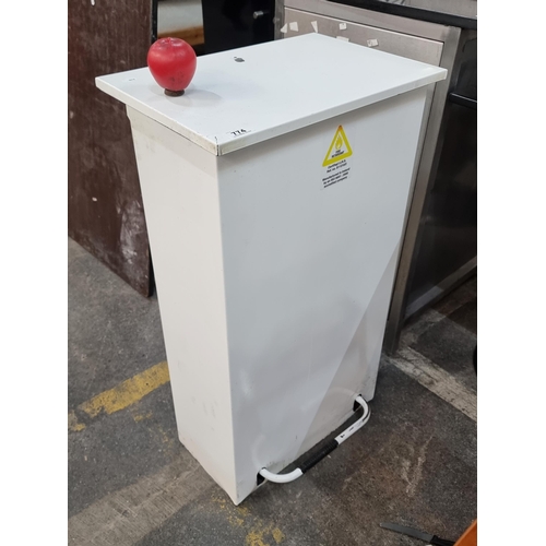 774 - A clean  large commercial waste bin with lid opened by a foot pedal to base. With fire retardant. Fr... 