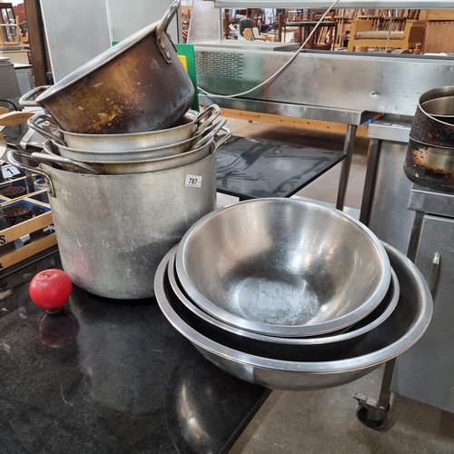 787 - A selection of five large commercial cooking pots and three large mixing bowls. From a recently clos... 