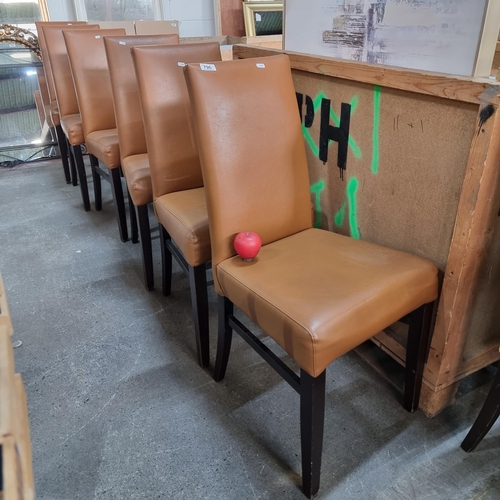 796 - A set of six stylish brown leather high back dining chairs. All in excellent condition.  From a rece... 