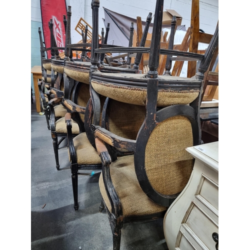 855 - A fabulous set of 10 Victorian French style spoon back dining chairs with leather armrests, beige up... 