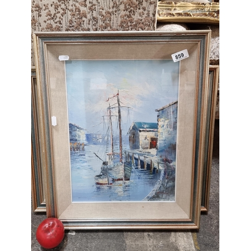 859 - An energetic original oil on board painting showing a coastal landscape scene of a working harbour w... 