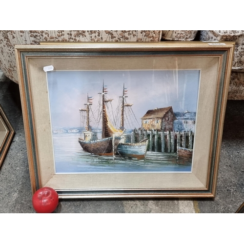 860 - A delightful original oil on board painting featuring a coastal landscape scene of a fishing port at... 