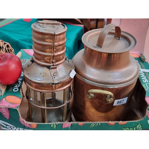 867 - Two copper and brass items including a lantern and milk can.