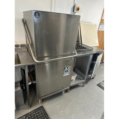 824 - Star lot : A full size pull down Stainless Steel Dish washer, 3 Phase. With dishwasher trays and sid... 