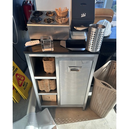 776 - Star Lot : A commercial kitchen/cafe coffee accessory dock  with a black granite top, built-in bin a... 