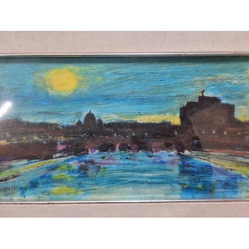 605 - A vivid vintage oil pastel on board painting of a cityscape. A strong impressionistic style to this ... 