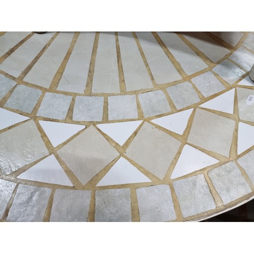 704 - Star Lot : A  super garden suite comprising of a round table with a mosaic top and a set of 4 white ... 