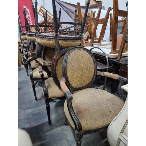 855 - A fabulous set of 10 Victorian French style spoon back dining chairs with leather armrests, beige up... 