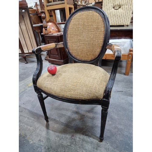 855 - A fabulous set of 10 Victorian French style spoon back dining chairs with leather armrests, beige up... 