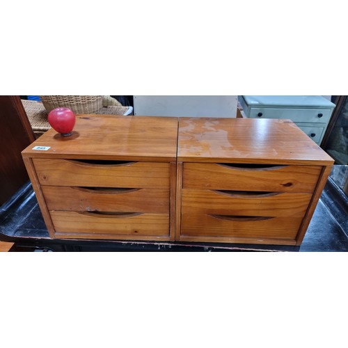 845 - A charming pair of fine lockers with three neatly sized pull out drawers. Top drawer is upside down,... 