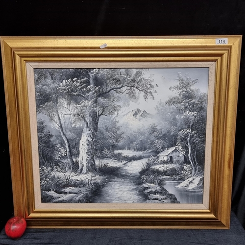 114 - An original oil on board painting featuring a rural landscape scene in grisaille. Rendered in thick ... 