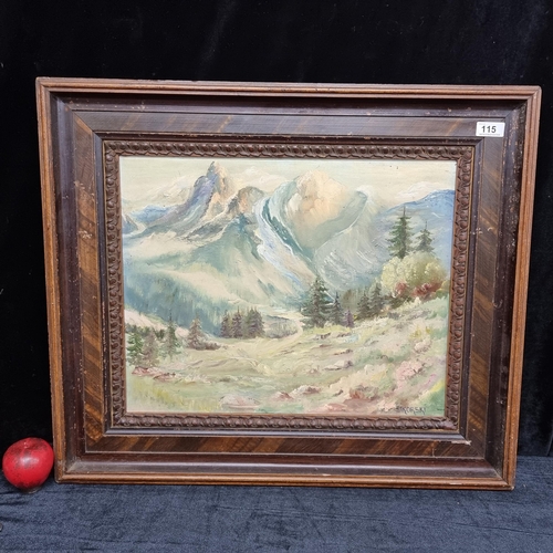 115 - A compelling original oil on board painting featuring a mountainscape scene of soaring blue green mo... 