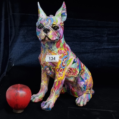 134 - A vibrant full size French Bulldog figure in a colourful foliate finish.