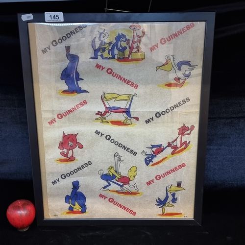 145 - Vintage framed Guinness advertising wrapping paper. C. 1950s. Featuring cheerful characters. Held in... 