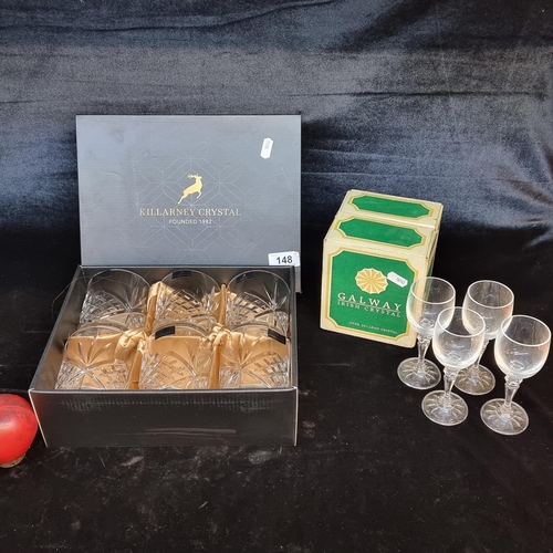 148 - Two lovely sets of crystal glasses including 4 Galway Crystal stemmed examples and a set of 6 Killar... 