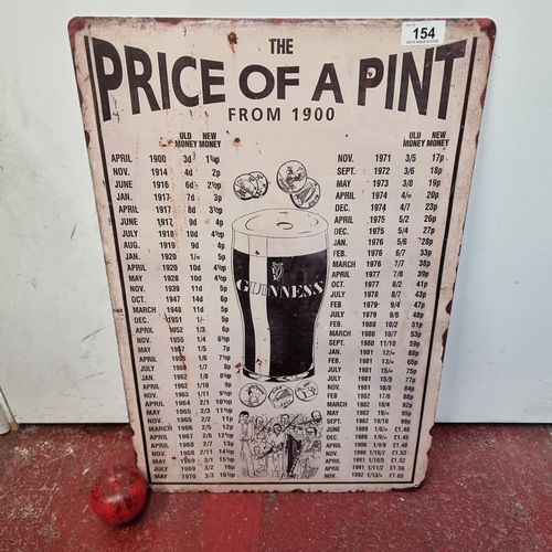 154 - A large metal sign advertising Guinness. Featuring prices of the beer from 1900 to 1992.