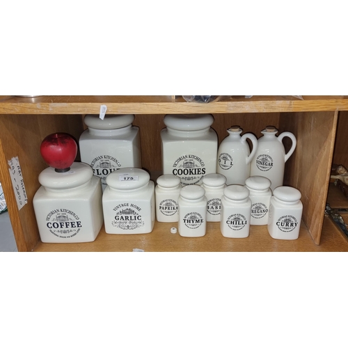 175 - A charming collection of 12 ceramic kitchen jars and jugs from Victorian Kitchen .CO for coffee, coo... 