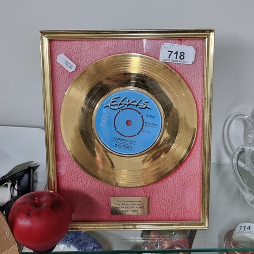 718 - A fabulous Elvis Presley display featuring a gold plated RCA single vinyl commemorating the Silver J... 