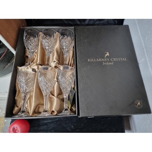 743 - A cased set of six Killarney Crystal wine glasses along with a large John Rocha Waterford Crystal wi... 