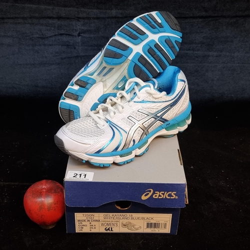 211 - A stylish pair of brand new Asics ladies runners in the Gel Kayano 18 model. Size UK6. In a blue, wh... 