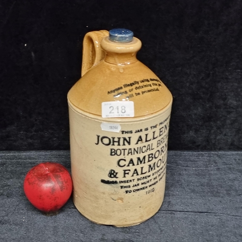 218 - A fantastic vintage stoneware flagon reading John Allen & Co, Botanical Brewers.