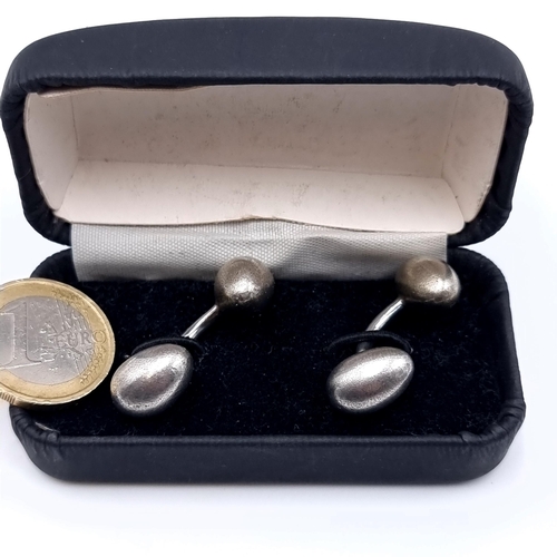 454 - A pair of sterling silver hallmarked bean designed cufflinks, total weight 10.26 grams, boxed.