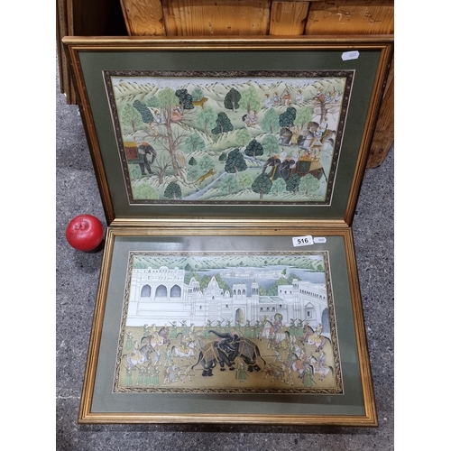 516 - An amazing pair of original Sikh school paintings, one showing a hunting scene while the other shows... 