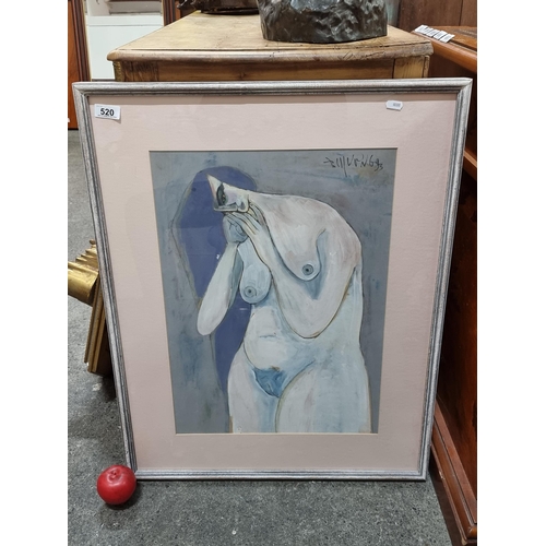 520 - An emotive original gouache on paper painting featuring a portrait of a nude female figure with her ... 