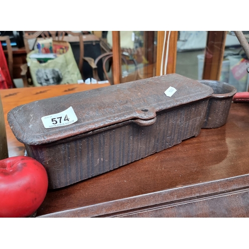 574 - An antique cast metal machinery tool box with lid, with screw drop to the side, Always liked these.