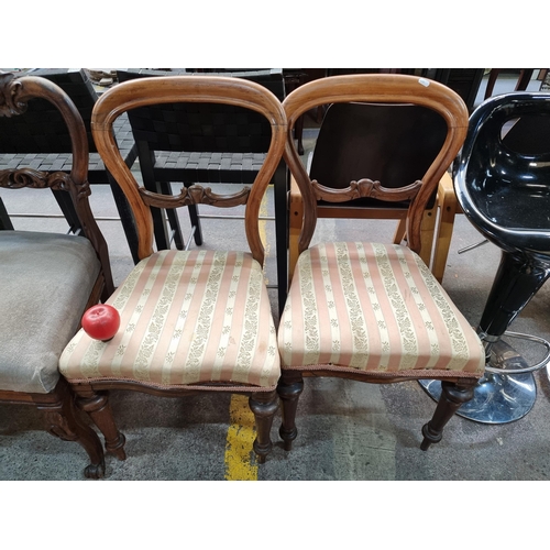 584 - A pair of Victorian oak kidney shaped back dining chairs.