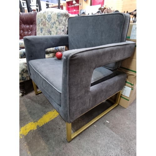 587 - A gorgeous designer modern grey velvet lounger chair featuring gold legs. Extremely comfortable. Fab... 