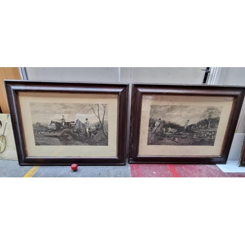 314 - A very large pair of prints featuring hunting scenes titled 