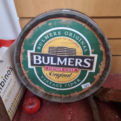 323 - A Bulmers pub advertisement crafted from a wooden barrel top. With hanging fitting to back.