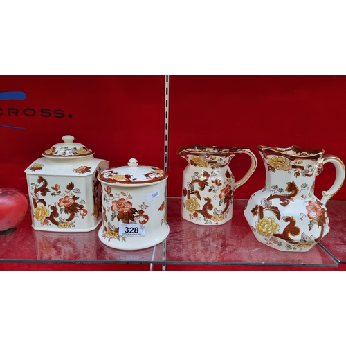 328 - Four vintage Masons Ironstone items in the Brown Velvet design including two water jugs and two lidd... 