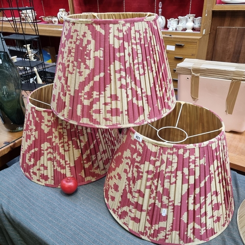 401 - Three large fabulous matching floor  lamp shades with pleating in a red and beige finish. In very go... 