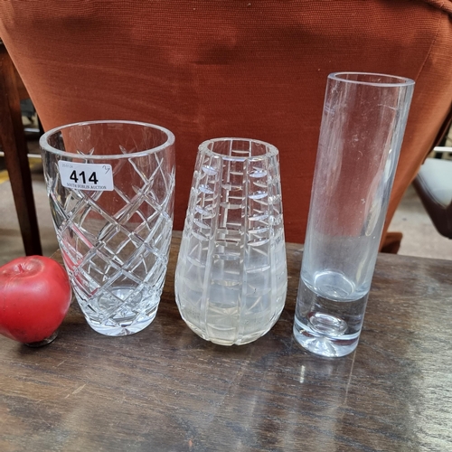 414 - Three lovely crystal and glass vases including a Waterford Crystal example  and another heavy slimli... 