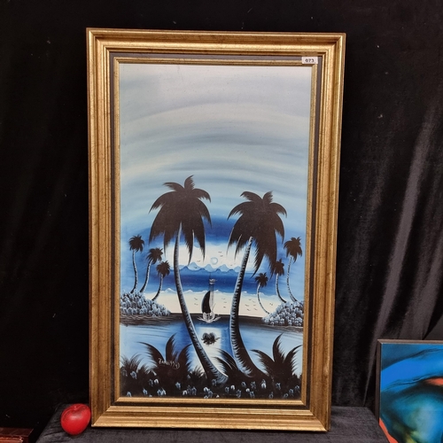 73 - A large original oil on board painting featuring a tropical moonlit coastal landscape with palm tree... 