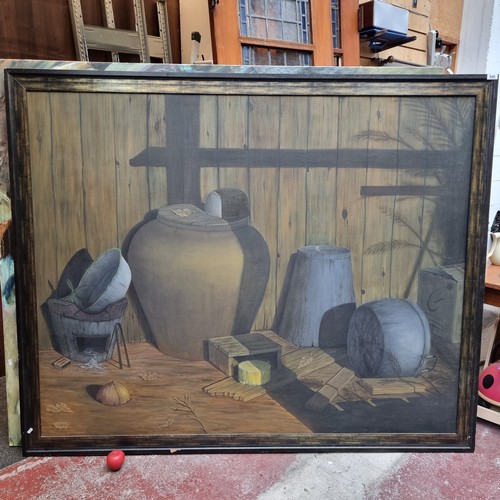 549 - Star Lot: A marvelous and very large original oil on canvas painting featuring a domestic still life... 