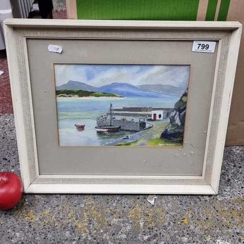 799 - A charming original watercolour and gouache on paper painting. Features a pier and sailboat with blu... 