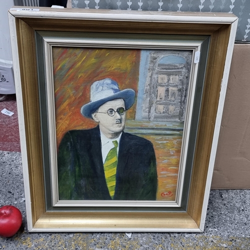 801 - Star Lot : An original Con P (Irish contemporary) acrylic on canvas painting of James Joyce. Featuri... 