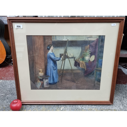 806 - A fantastic early 20th century original watercolour on paper painting featuring woman in blue painti... 