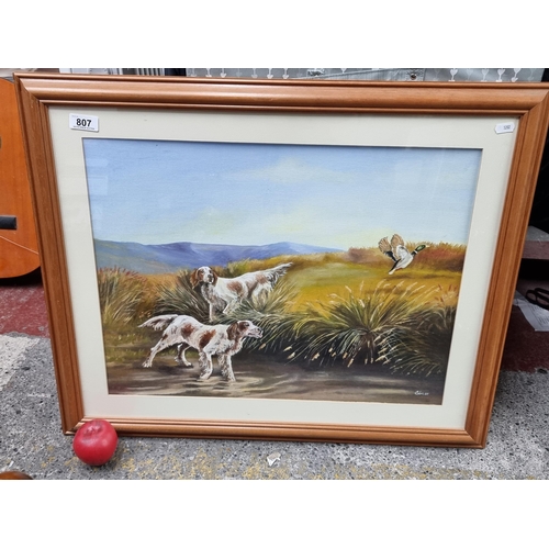 807 - A charming original oil on canvas board painting of a hunting scene. Features two English setter dog... 