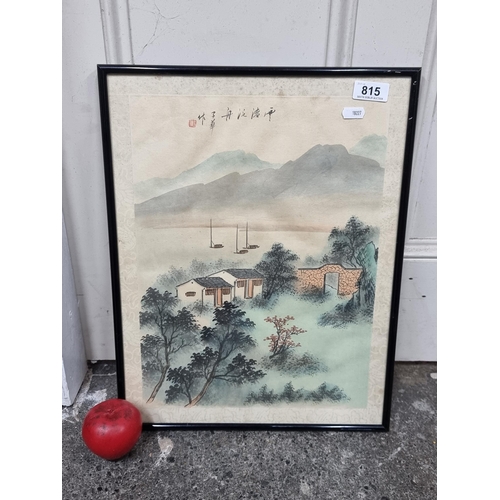 815 - A striking original Chinese ink on silk painting featuring a landscape with houses and boats. Housed... 