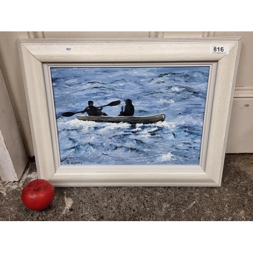 816 - A fabulous original oil on board painting featuring rowers silhouetted against the bright blue waves... 