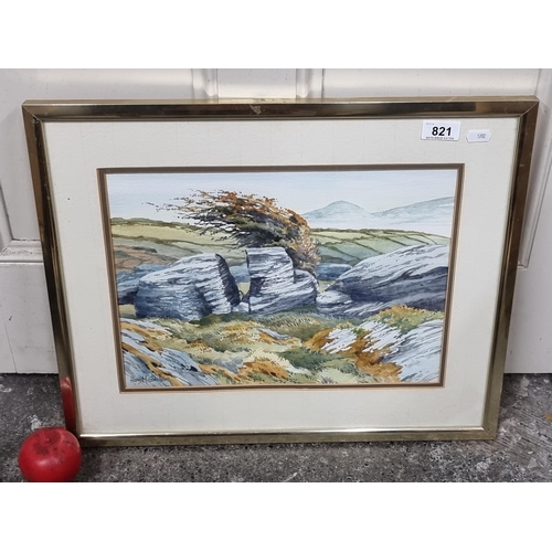 An evocative original Harry McConville (Irish, contemporary) watercolour on paper painting featuring a West of Ireland scene of a windswept hawthorn tree in a rugged landscape. Signed bottom left and housed in a polished chrome frame.