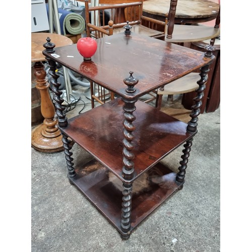 656 - Star Lot : A gorgeous antique Jamaican Mahogany Victorian whatnot table boasting beautiful barley tw... 